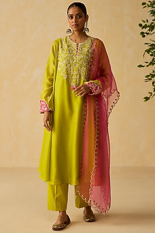 Lime Green Silk Chanderi Thread Embroidered Kurta Set by Shikha Mehta