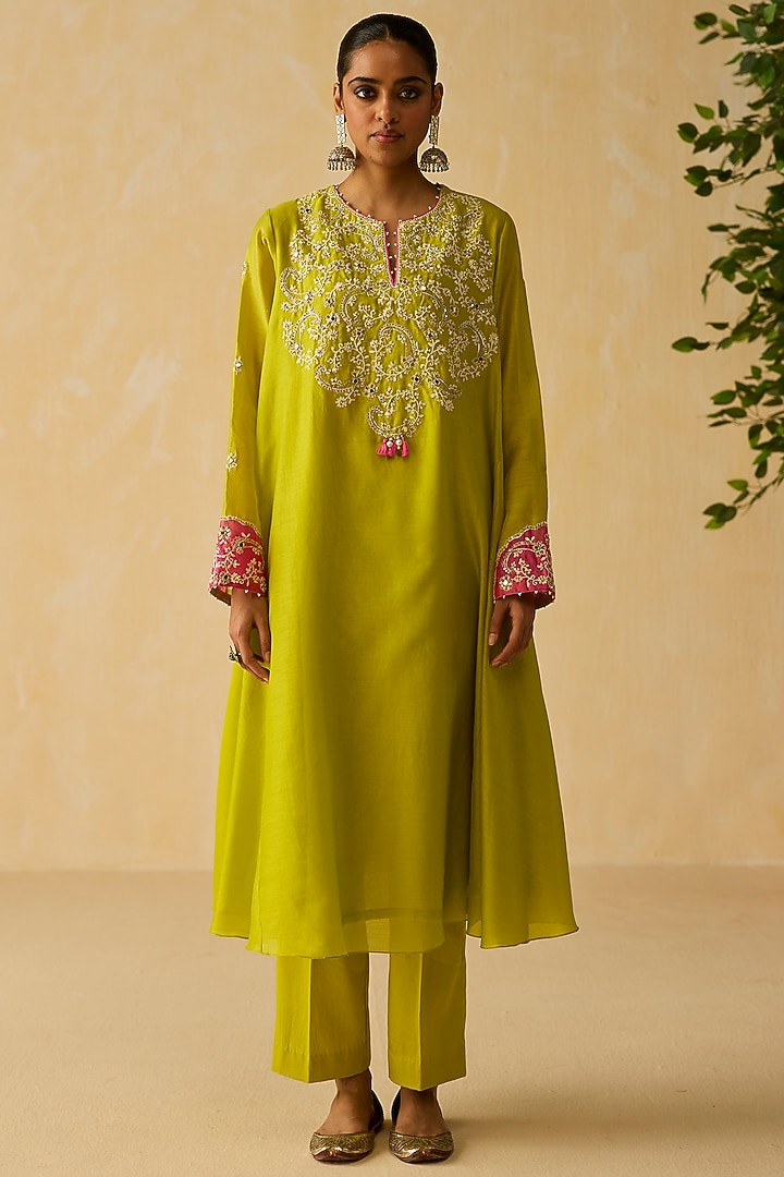 Lime Green Silk Chanderi Thread Embroidered Kurta Set by Shikha Mehta at Pernia's Pop Up Shop