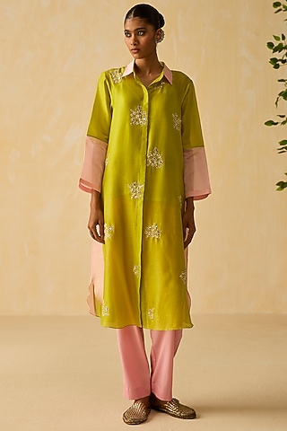 Lime Green Silk Chanderi Thread Embroidered Tunic Set by Shikha Mehta