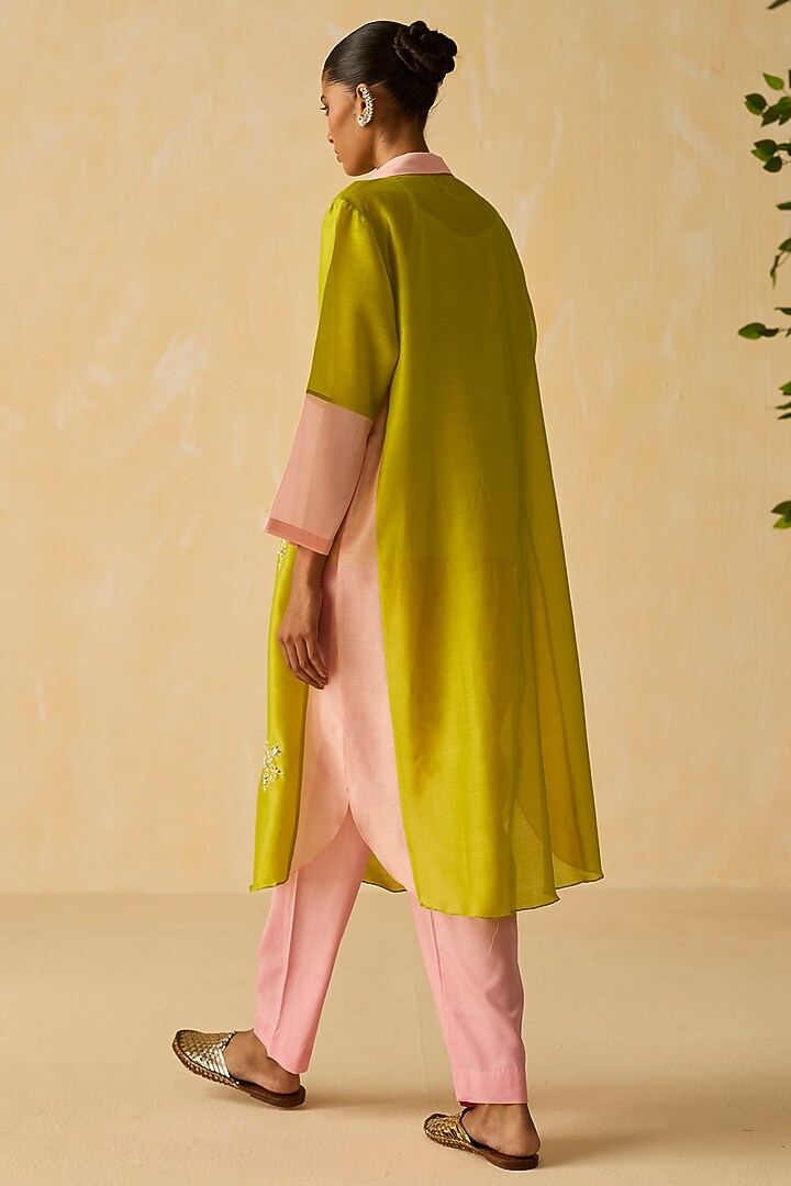 Lime Green Silk Chanderi Thread Embroidered Tunic Set by Shikha Mehta at Pernia's Pop Up Shop