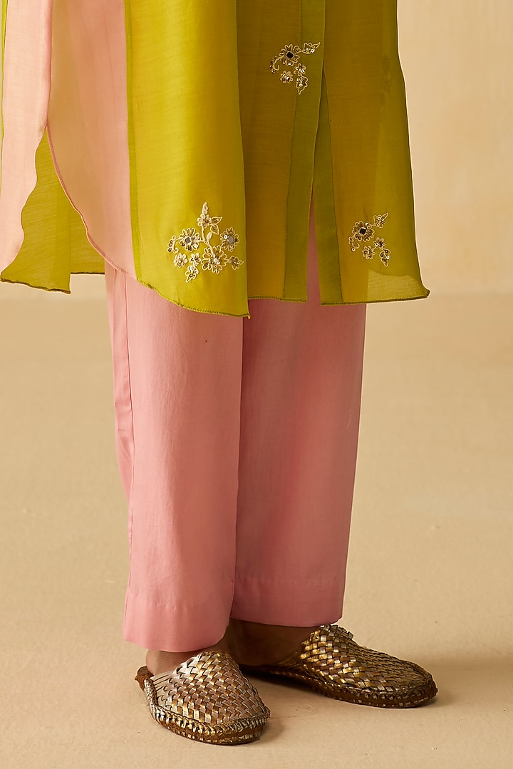 Lime Green Silk Chanderi Thread Embroidered Tunic Set by Shikha Mehta at Pernia's Pop Up Shop
