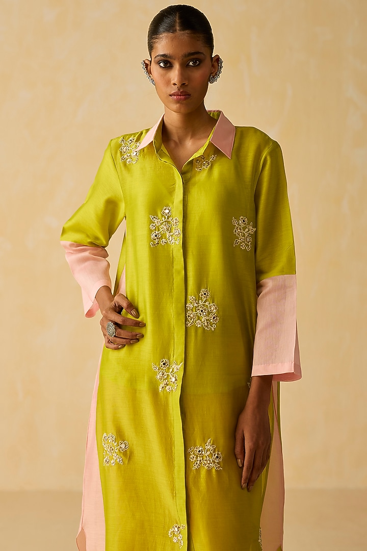 Lime Green Silk Chanderi Thread Embroidered Tunic Set by Shikha Mehta at Pernia's Pop Up Shop