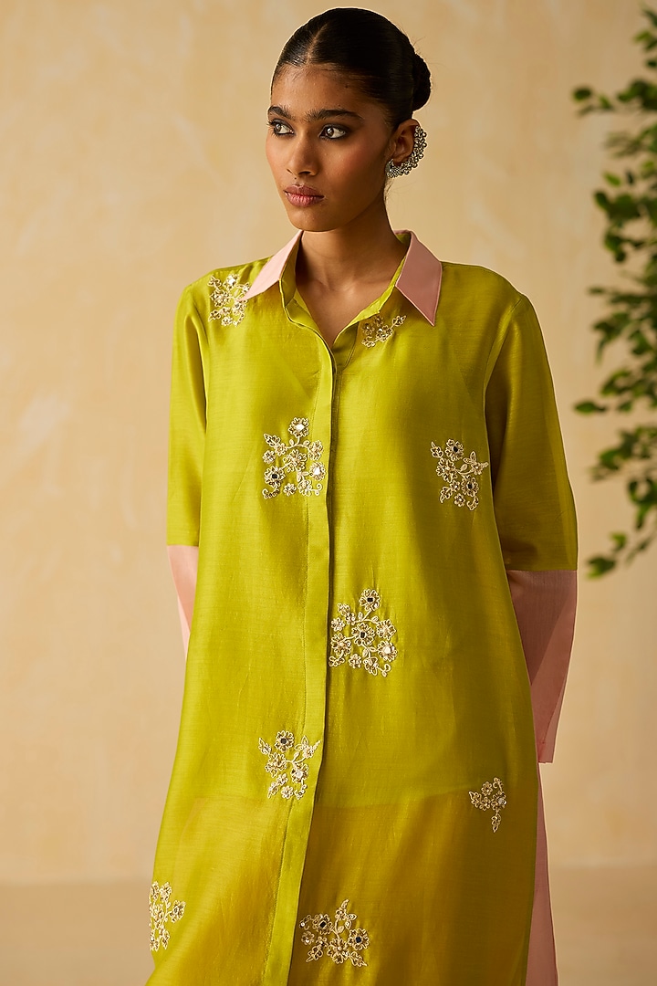 Lime Green Silk Chanderi Thread Embroidered Tunic Set by Shikha Mehta at Pernia's Pop Up Shop