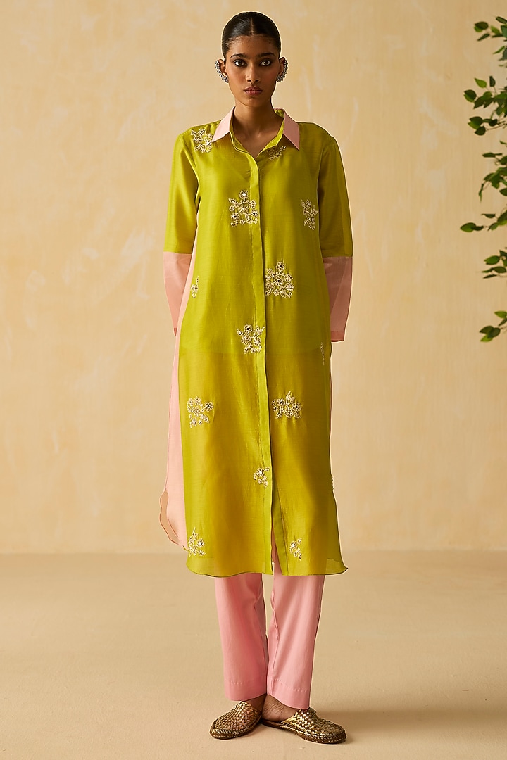Lime Green Silk Chanderi Thread Embroidered Tunic Set by Shikha Mehta at Pernia's Pop Up Shop