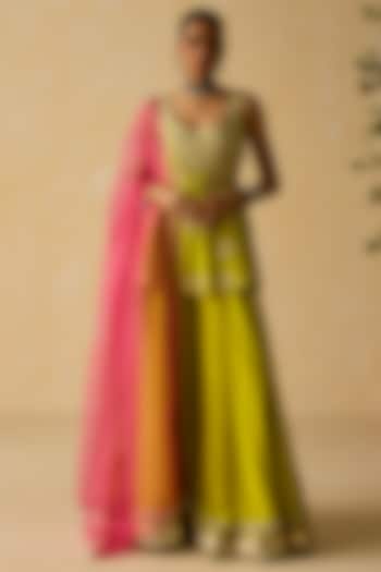 Lime Green Silk Chanderi Wedding Sharara Set by Shikha Mehta at Pernia's Pop Up Shop