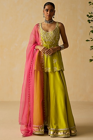 Lime Green Silk Chanderi Sharara Set by Shikha Mehta