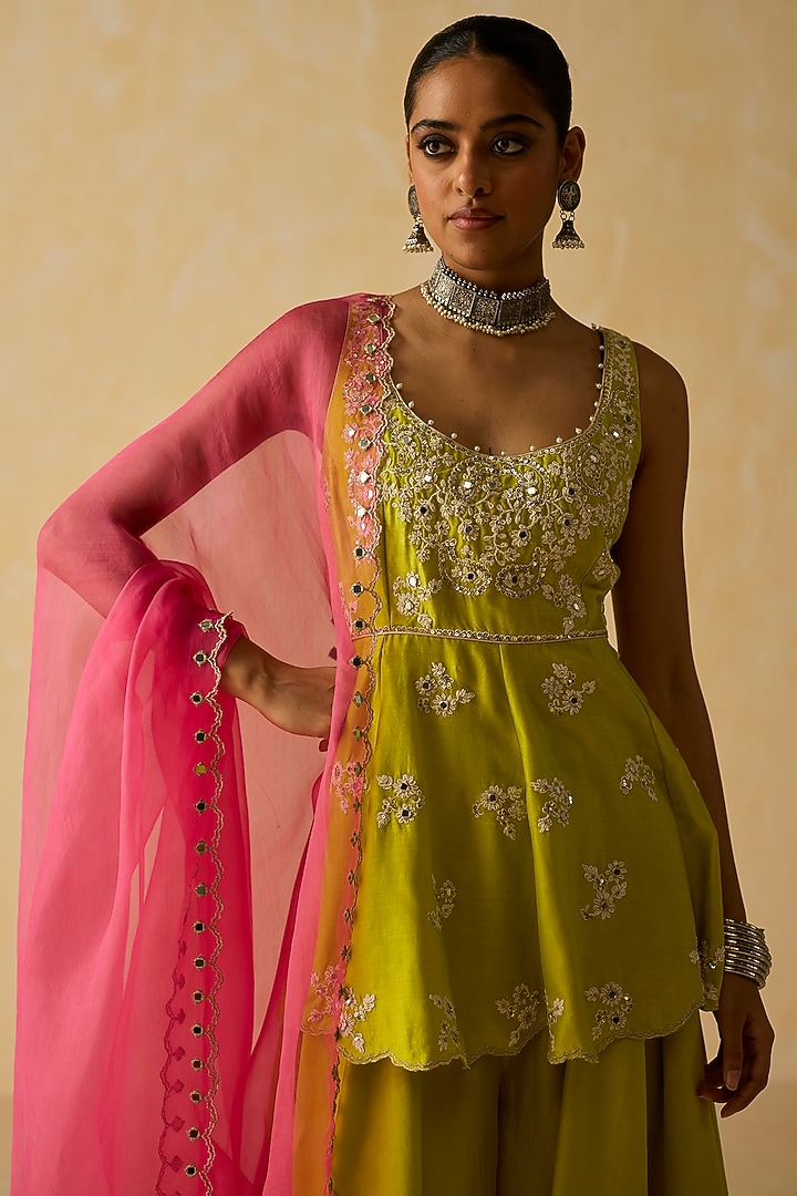 Lime Green Silk Chanderi Wedding Sharara Set by Shikha Mehta at Pernia's Pop Up Shop