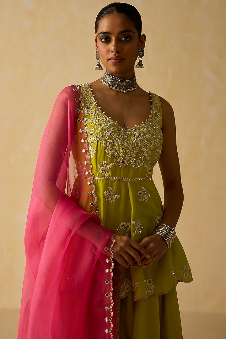 Lime Green Silk Chanderi Wedding Sharara Set by Shikha Mehta at Pernia's Pop Up Shop