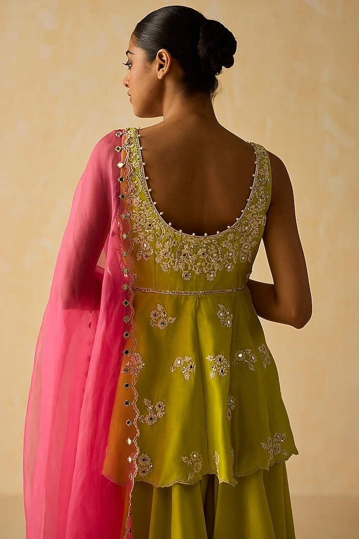Lime Green Silk Chanderi Wedding Sharara Set by Shikha Mehta at Pernia's Pop Up Shop