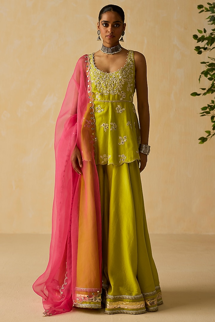 Lime Green Silk Chanderi Wedding Sharara Set by Shikha Mehta at Pernia's Pop Up Shop