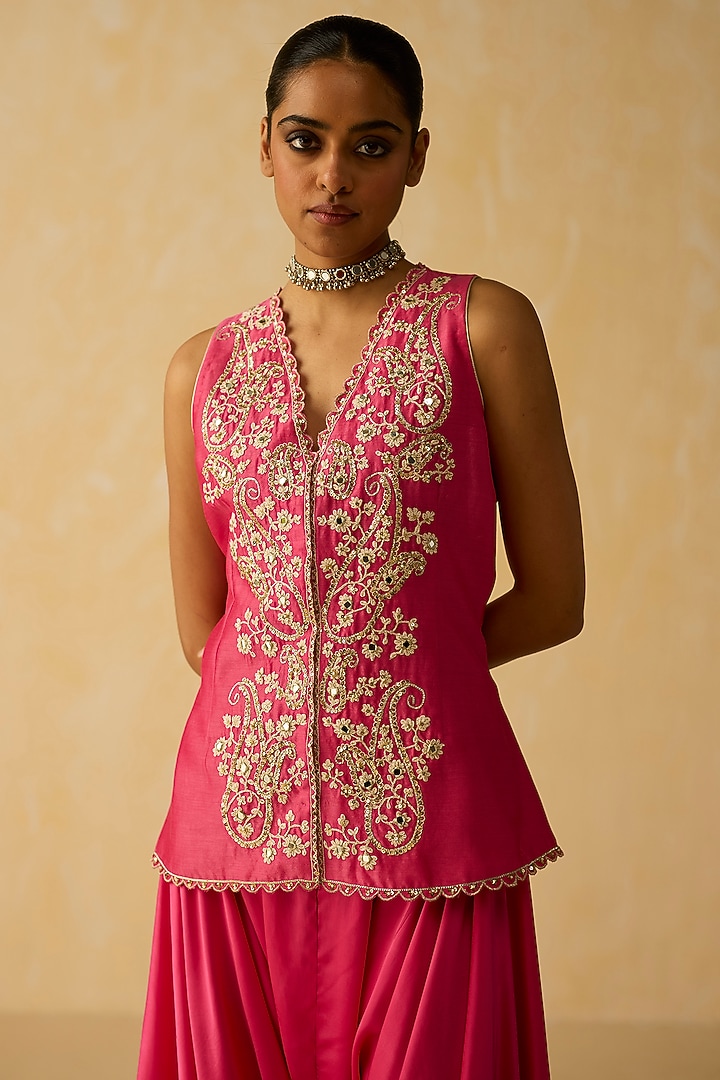 Pink Silk Chanderi Thread Embroidered Co-Ord Set by Shikha Mehta at Pernia's Pop Up Shop