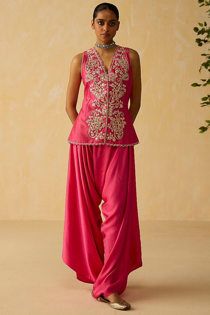 Pink Silk Chanderi Thread Embroidered Co-Ord Set by Shikha Mehta at Pernia's Pop Up Shop