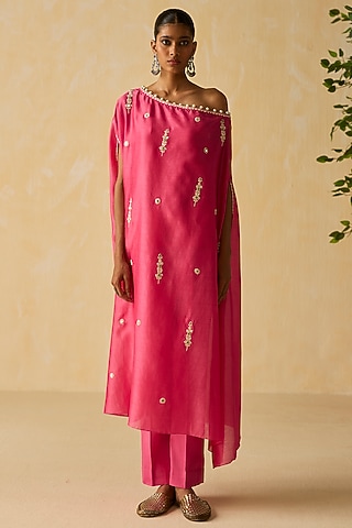 Pink Silk Chanderi Embroidered Off-Shoulder Kaftan Set by Shikha Mehta
