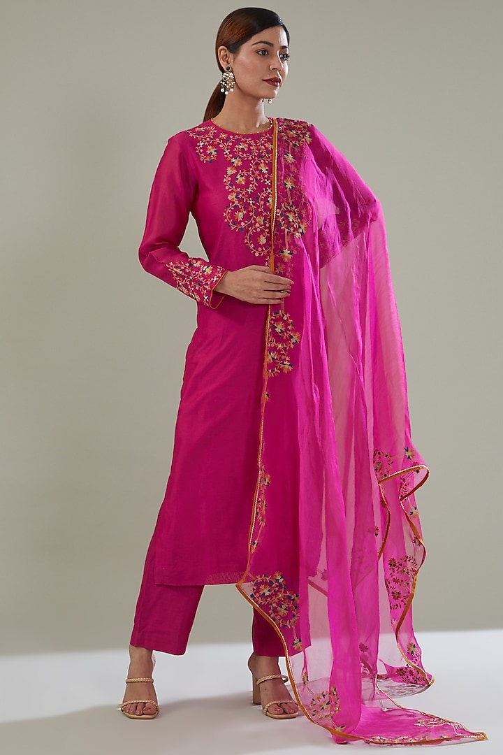 Fuchsia Pink Silk Chanderi Embroidered Kurta Set by Shikha Mehta