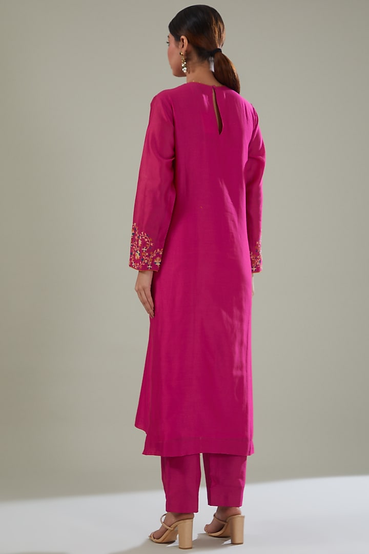 Fuchsia Pink Silk Chanderi Embroidered Kurta Set by Shikha Mehta at Pernia's Pop Up Shop
