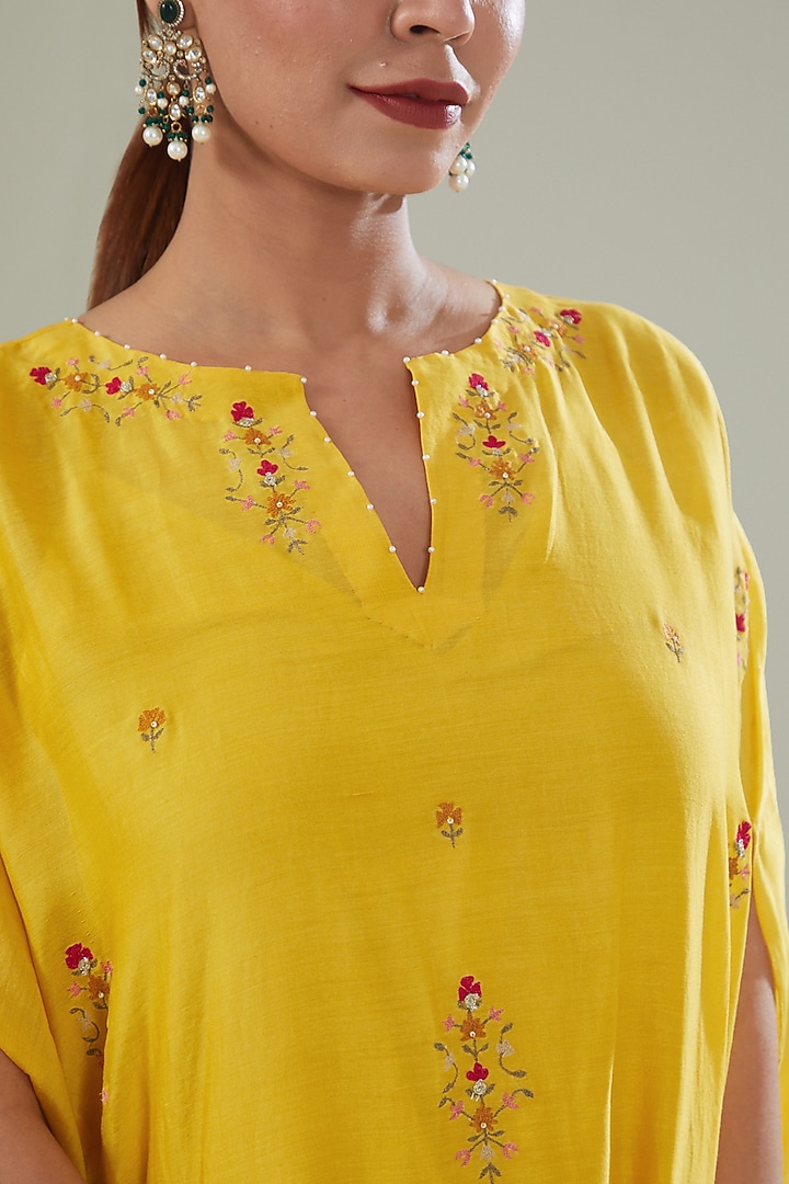 Yellow Silk Chanderi Embroidered Kaftan Set by Shikha Mehta at Pernia's Pop Up Shop