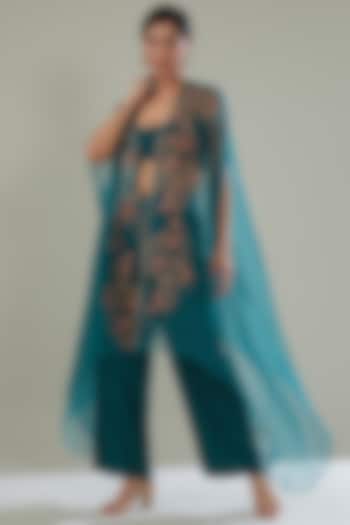 Teal Silk Organza Embroidered Cape Set by Shikha Mehta