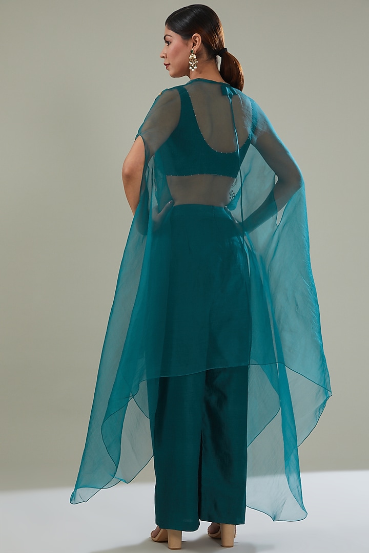 Teal Silk Organza Embroidered Cape Set by Shikha Mehta at Pernia's Pop Up Shop