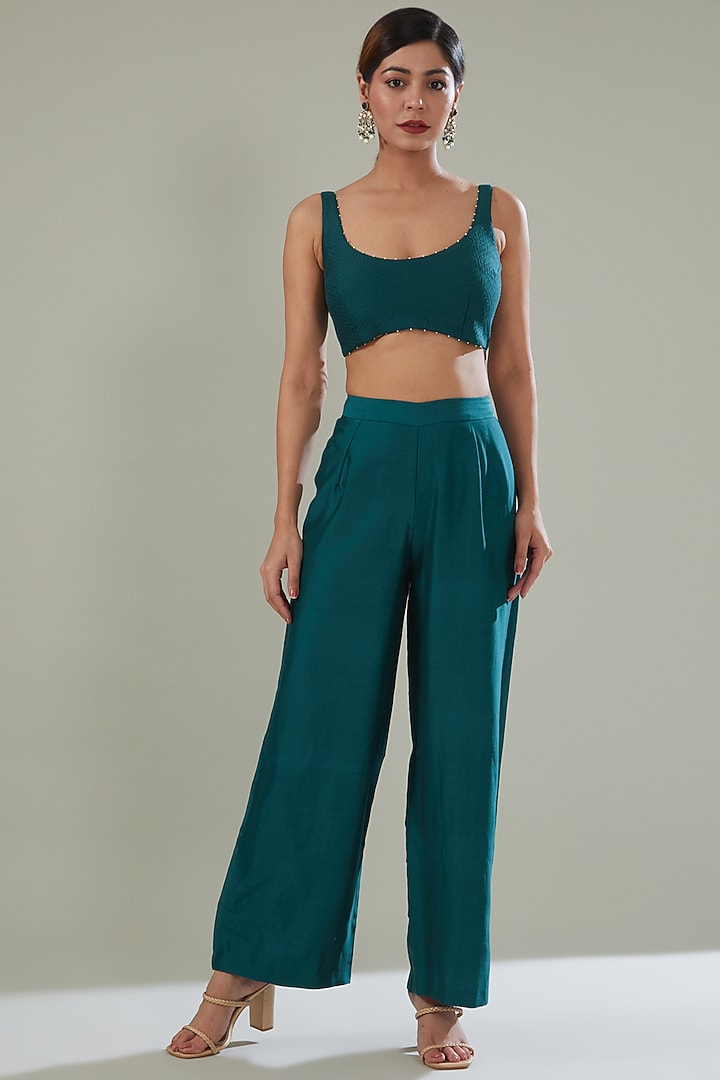 Teal Silk Organza Embroidered Cape Set by Shikha Mehta at Pernia's Pop Up Shop