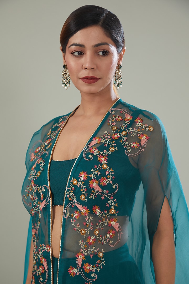Teal Silk Organza Embroidered Cape Set by Shikha Mehta at Pernia's Pop Up Shop