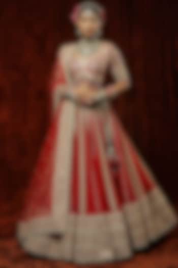 Red Silk Chanderi Embroidered Bridal Lehenga Set by Shikhar Sharma at Pernia's Pop Up Shop