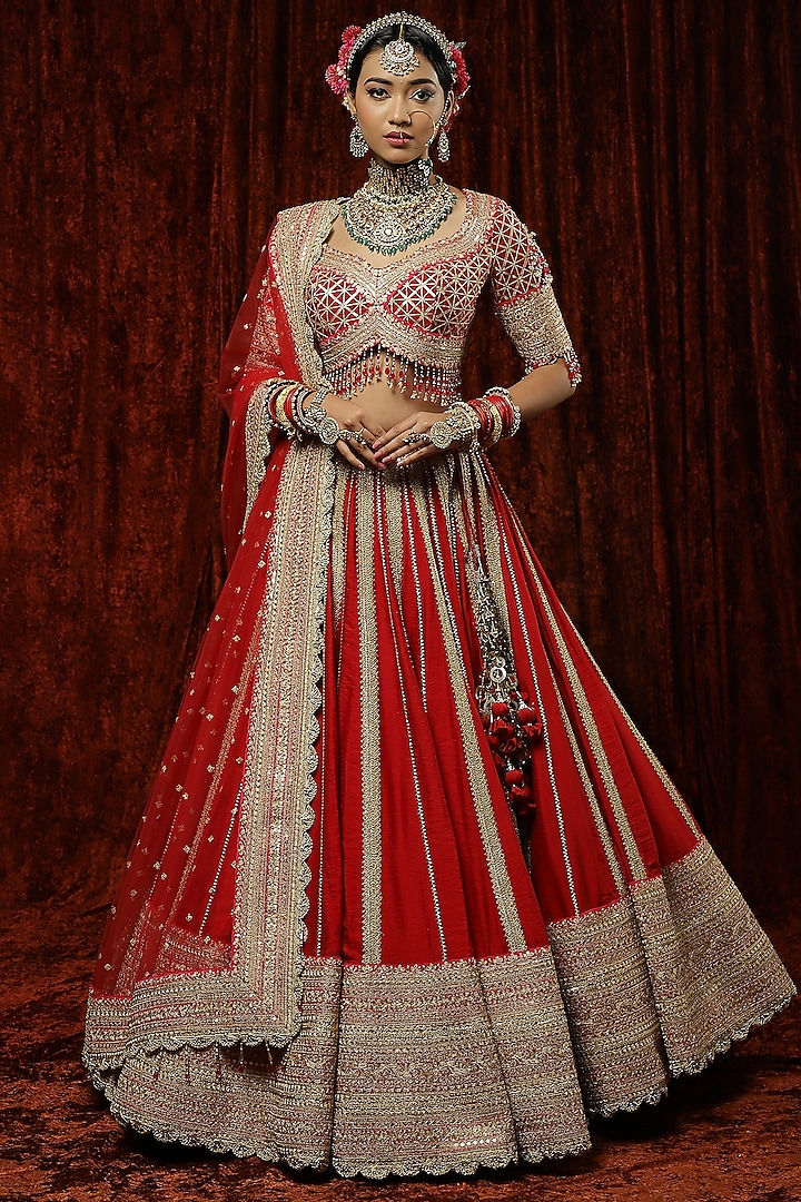 Red Silk Chanderi Embroidered Bridal Lehenga Set by Shikhar Sharma at Pernia's Pop Up Shop