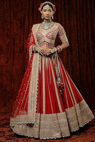 Red Silk Chanderi Embroidered Lehenga Set by Shikhar Sharma