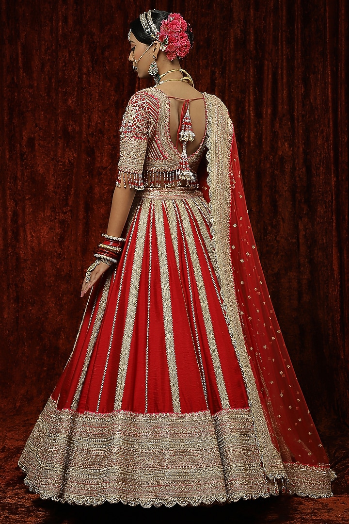 Red Silk Chanderi Embroidered Bridal Lehenga Set by Shikhar Sharma at Pernia's Pop Up Shop