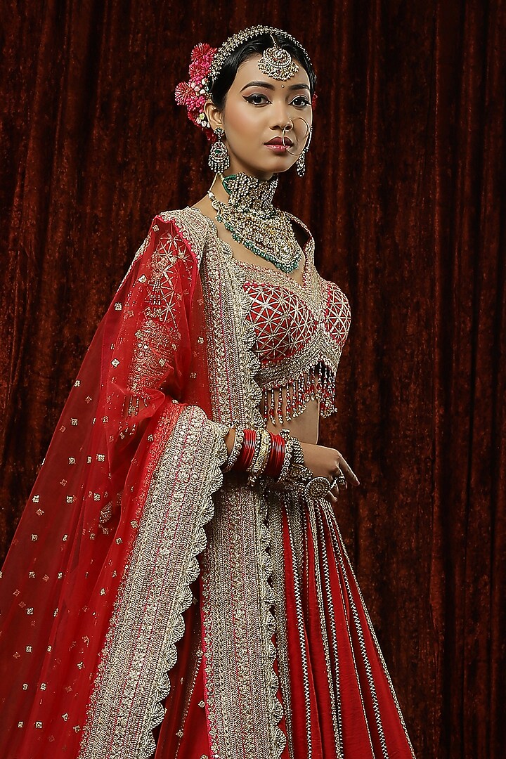 Red Silk Chanderi Embroidered Bridal Lehenga Set by Shikhar Sharma at Pernia's Pop Up Shop
