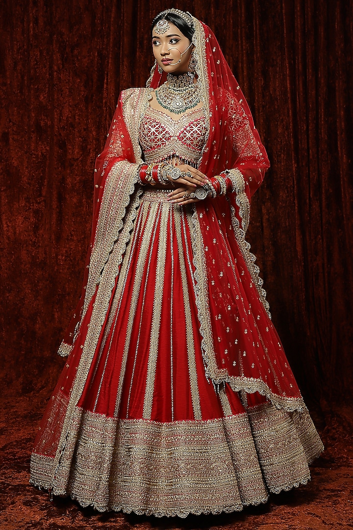 Red Silk Chanderi Embroidered Bridal Lehenga Set by Shikhar Sharma at Pernia's Pop Up Shop