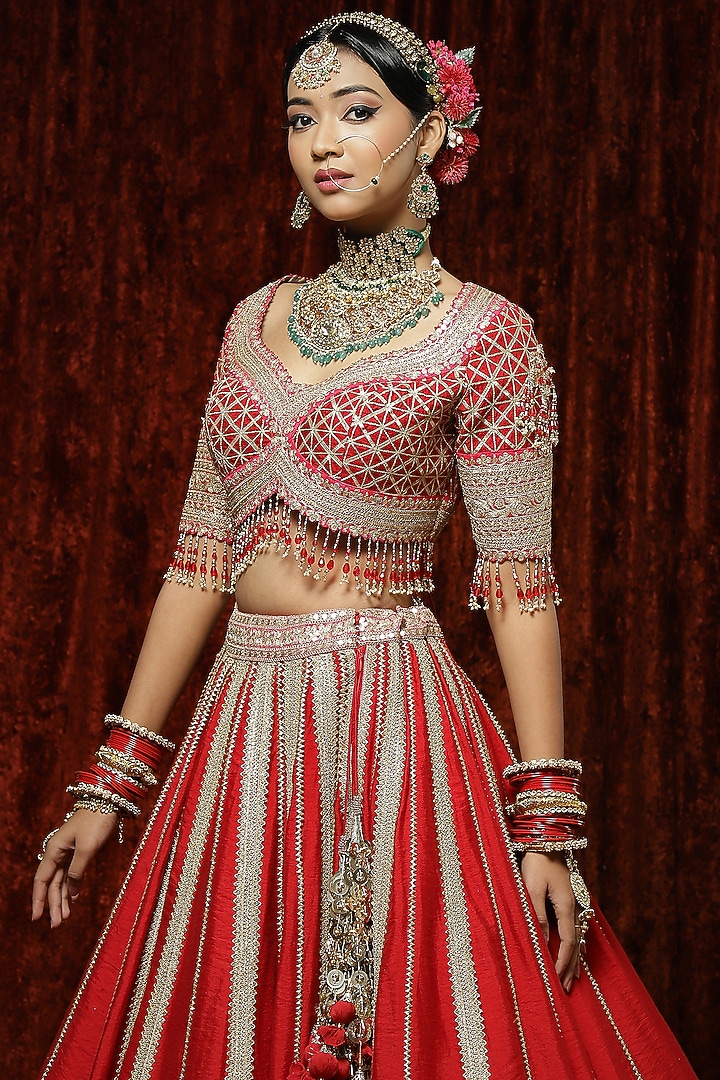 Red Silk Chanderi Embroidered Bridal Lehenga Set by Shikhar Sharma at Pernia's Pop Up Shop