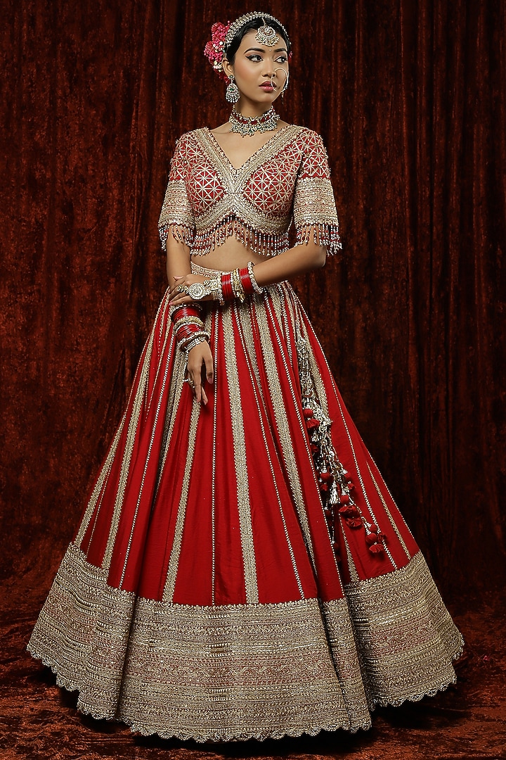 Red Silk Chanderi Embroidered Bridal Lehenga Set by Shikhar Sharma at Pernia's Pop Up Shop