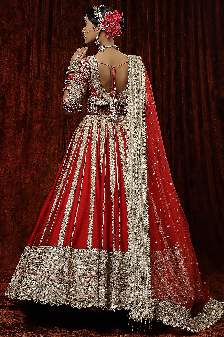Red Silk Chanderi Embroidered Bridal Lehenga Set by Shikhar Sharma at Pernia's Pop Up Shop