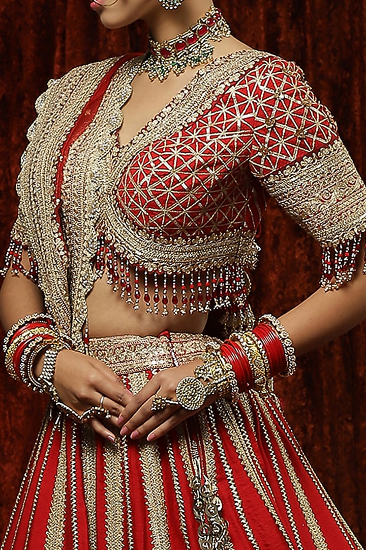Red Silk Chanderi Embroidered Bridal Lehenga Set by Shikhar Sharma at Pernia's Pop Up Shop