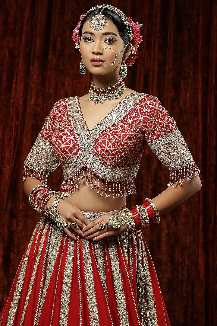 Red Silk Chanderi Embroidered Bridal Lehenga Set by Shikhar Sharma at Pernia's Pop Up Shop
