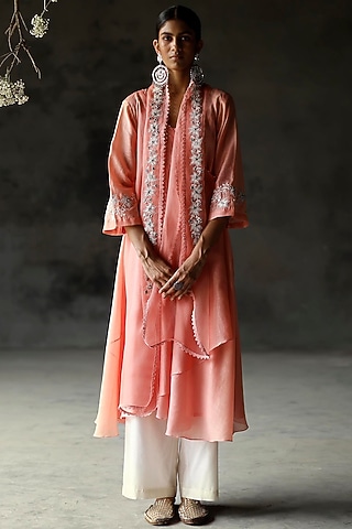 Coral Embroidered Kurta Set by Shikha Mehta