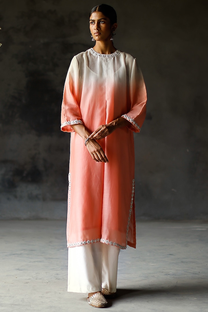 Coral & Ivory Ombre Embellished Kurta Set by Shikha Mehta at Pernia's Pop Up Shop