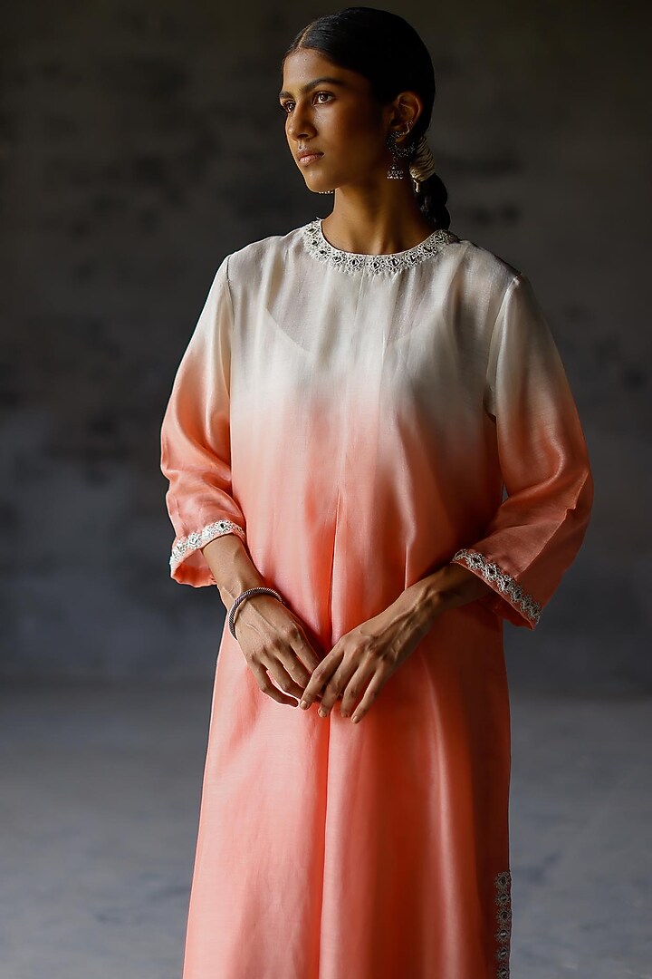 Coral & Ivory Ombre Embellished Kurta Set by Shikha Mehta at Pernia's Pop Up Shop
