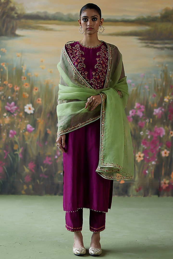 Aubergine Silk Chanderi Thread Hand Embroidered Straight Kurta Set by Shikha Mehta