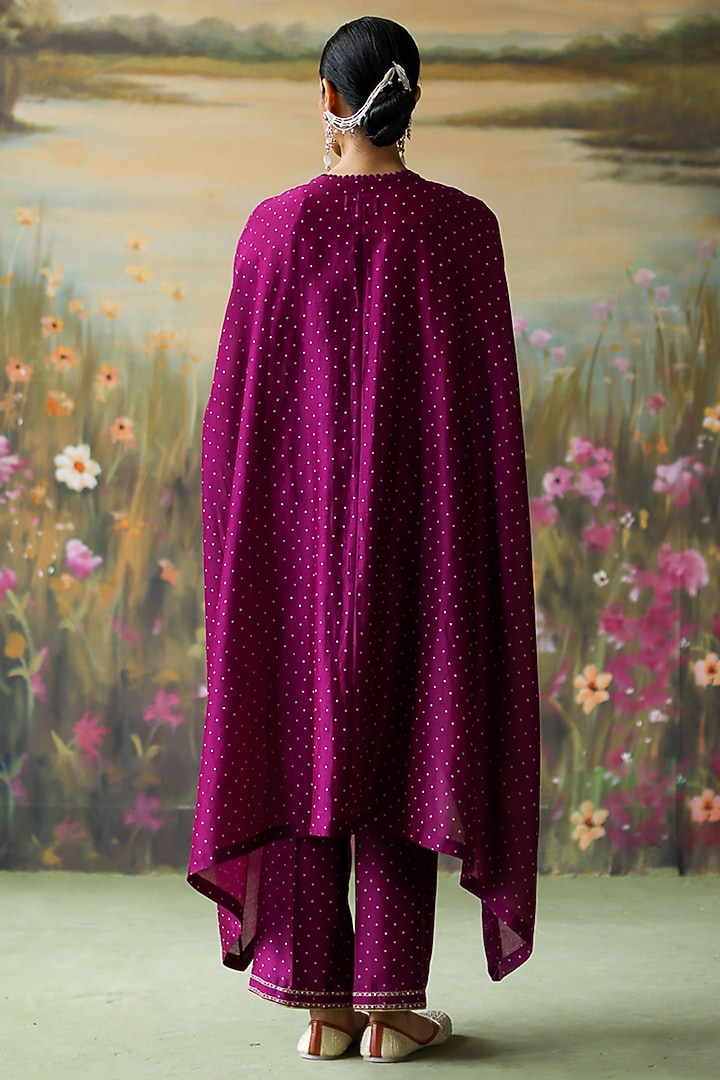 Aubergine Silk Chanderi Printed & Embroidered Cape Set by Shikha Mehta at Pernia's Pop Up Shop
