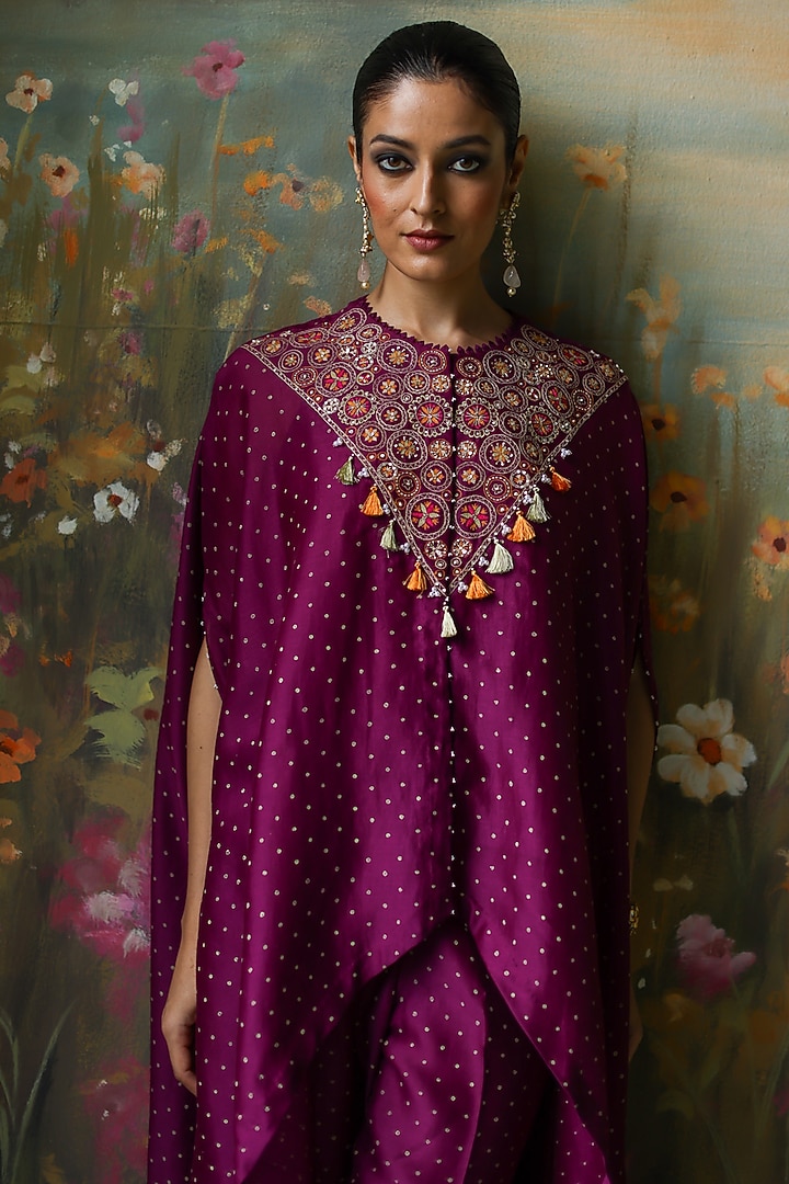 Aubergine Silk Chanderi Printed & Embroidered Cape Set by Shikha Mehta at Pernia's Pop Up Shop