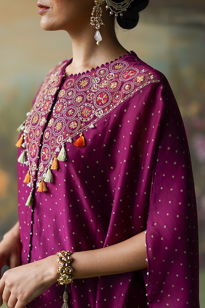 Aubergine Silk Chanderi Printed & Embroidered Cape Set by Shikha Mehta at Pernia's Pop Up Shop