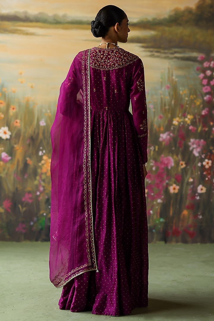 Aubergine Silk Chanderi Printed & Embroidered Wedding Anarkali Set by Shikha Mehta at Pernia's Pop Up Shop