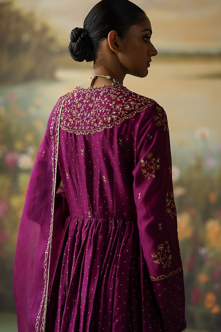 Aubergine Silk Chanderi Printed & Embroidered Wedding Anarkali Set by Shikha Mehta at Pernia's Pop Up Shop