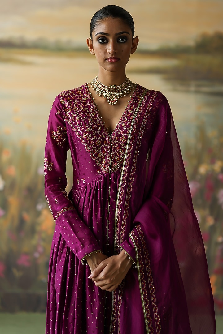 Aubergine Silk Chanderi Printed & Embroidered Wedding Anarkali Set by Shikha Mehta at Pernia's Pop Up Shop