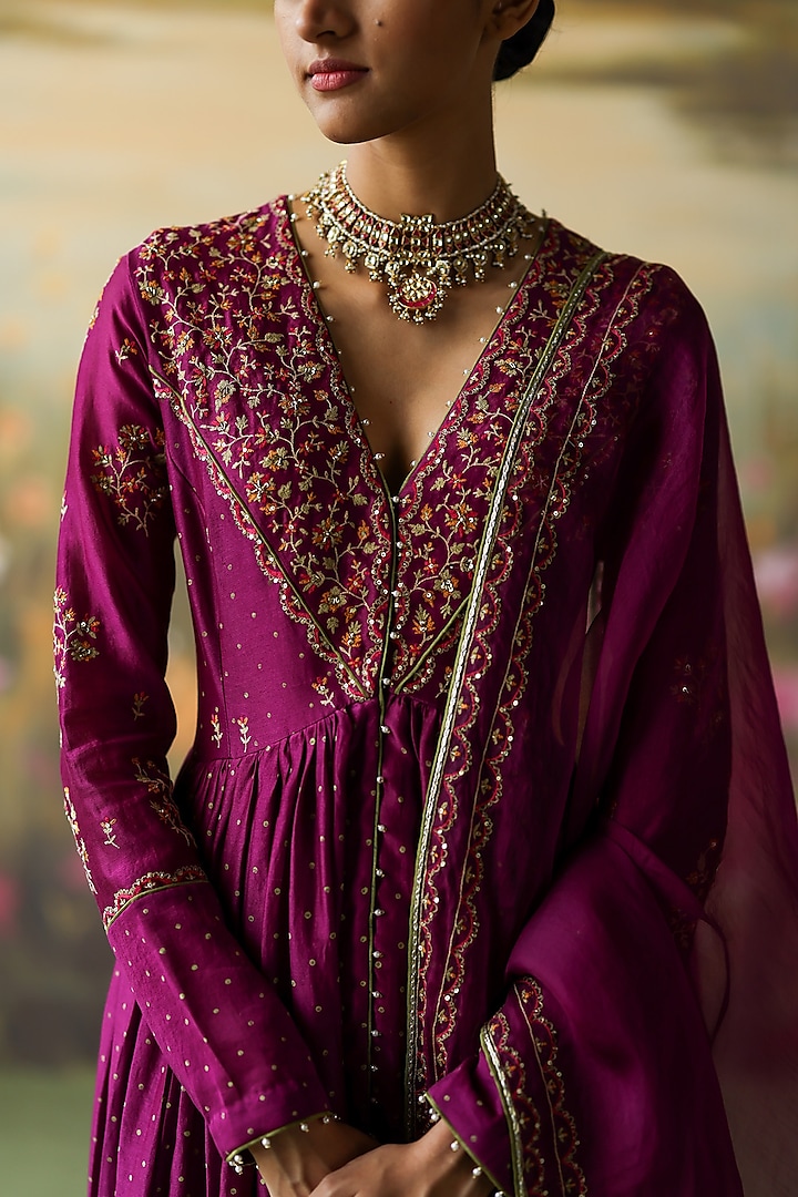 Aubergine Silk Chanderi Printed & Embroidered Wedding Anarkali Set by Shikha Mehta at Pernia's Pop Up Shop