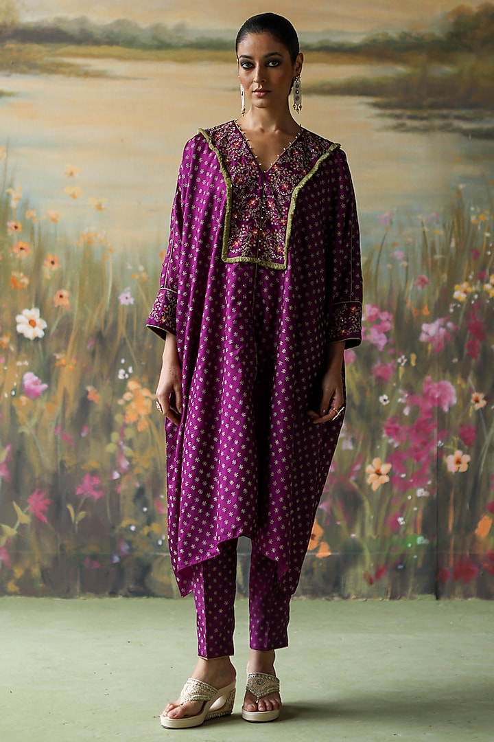 Aubergine Silk Chanderi Printed & Embroidered Tunic Set by Shikha Mehta at Pernia's Pop Up Shop