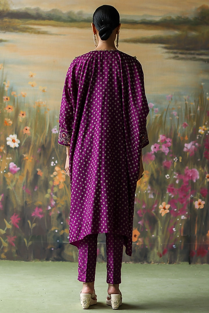 Aubergine Silk Chanderi Printed & Embroidered Tunic Set by Shikha Mehta at Pernia's Pop Up Shop