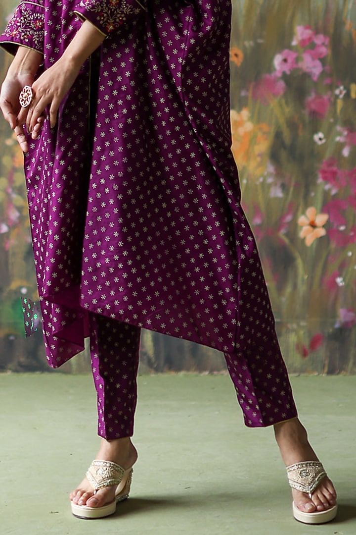 Aubergine Silk Chanderi Printed & Embroidered Tunic Set by Shikha Mehta at Pernia's Pop Up Shop