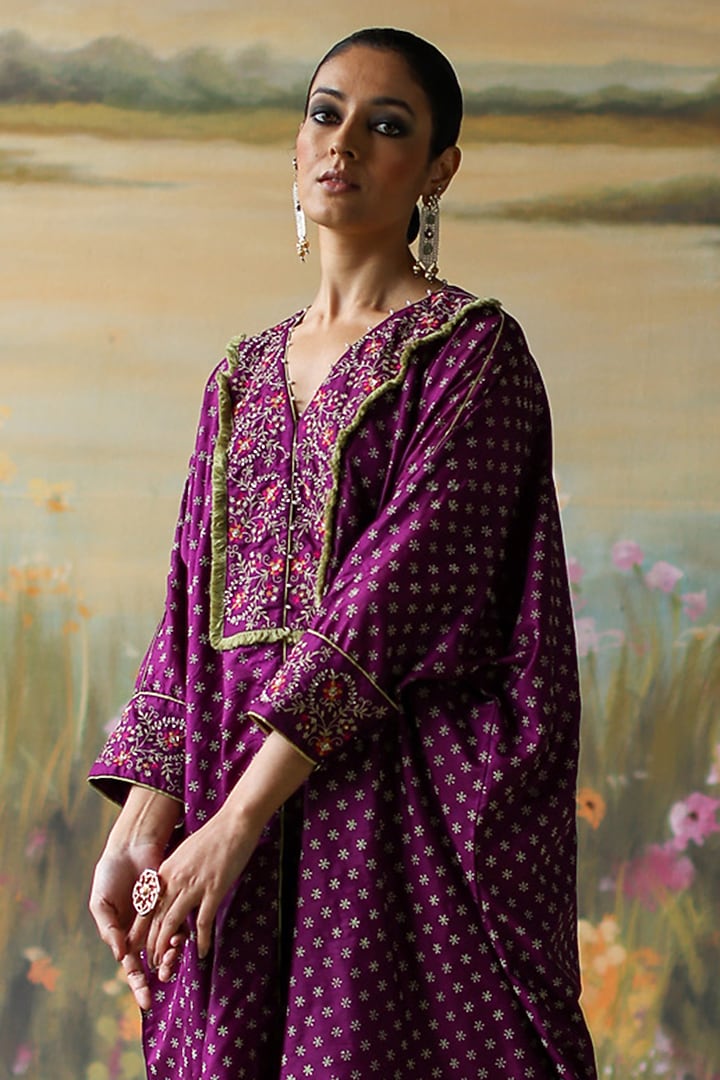 Aubergine Silk Chanderi Printed & Embroidered Tunic Set by Shikha Mehta at Pernia's Pop Up Shop